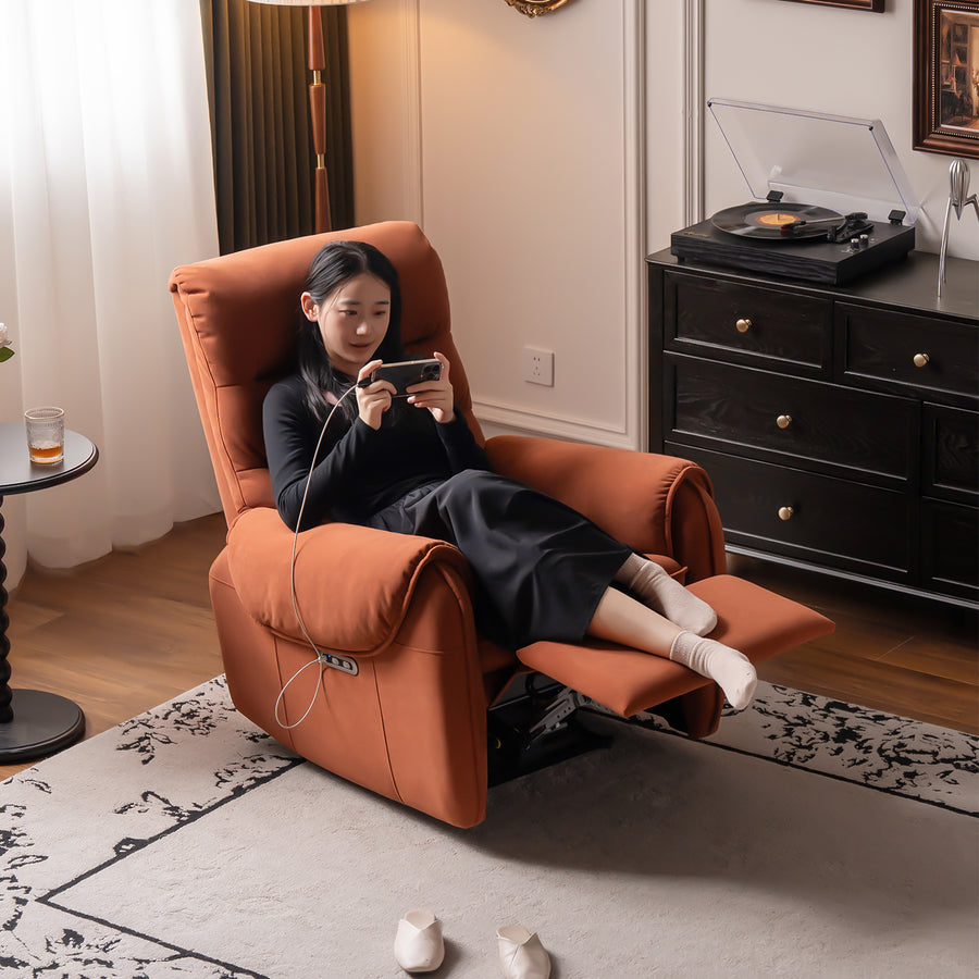 Vintage velvet fabric electric recliner 1 seater sofa ochre primary product view.