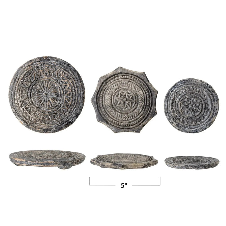 Carved stone biscuit mould with whitewashed finish decor size charts.