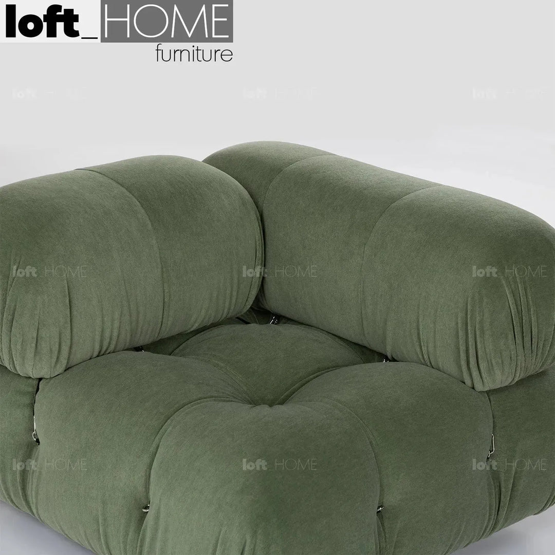 Contemporary fabric 1 seater sofa corner connection camaleonda in close up details.