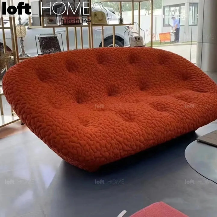 Contemporary fabric 2 seater sofa conch moby in close up details.