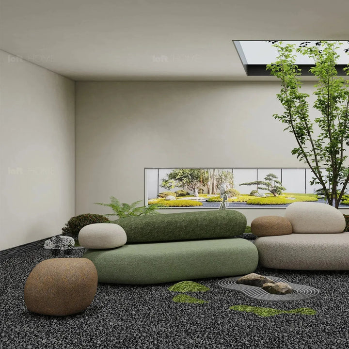 Contemporary fabric 3 seater sofa pebble chaise in details.