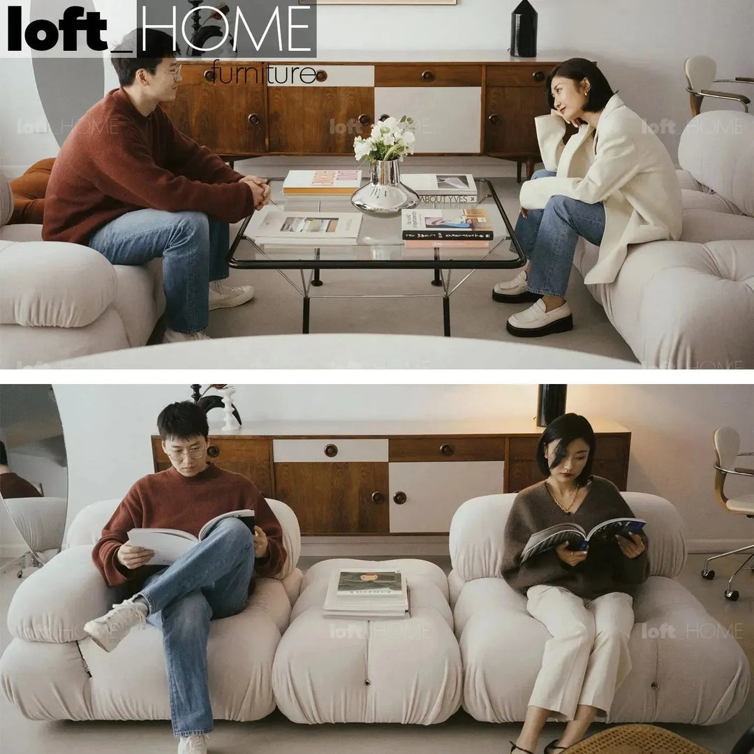 Contemporary fabric 3 seater sofa with ottoman camaleonda in details.