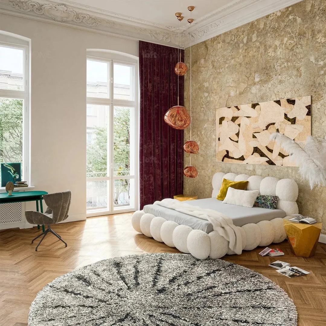 Cream fabric bed pannacotta in real life style.