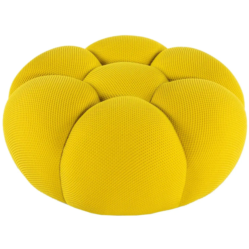 Contemporary fabric round ottoman bubble in white background.
