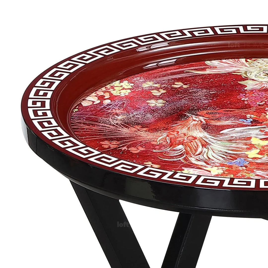 Eclectic wood side table apsara in real life style.