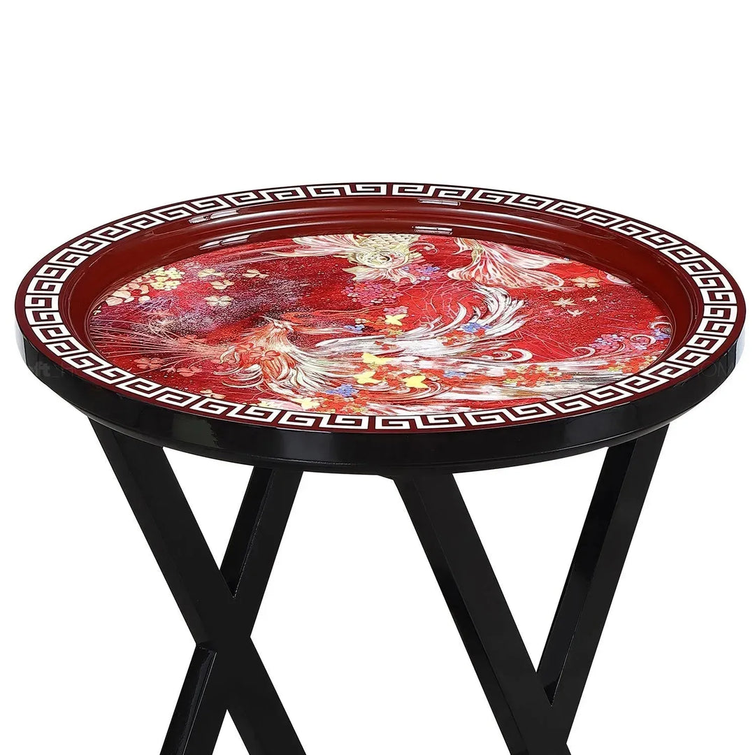 Eclectic wood side table apsara in details.