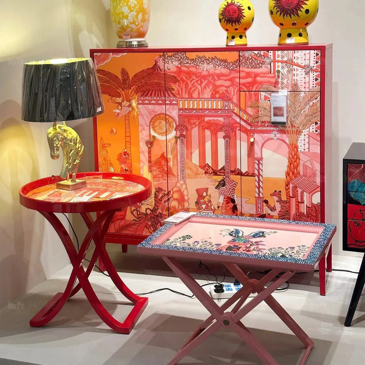 Eclectic wood side table redhood material variants.