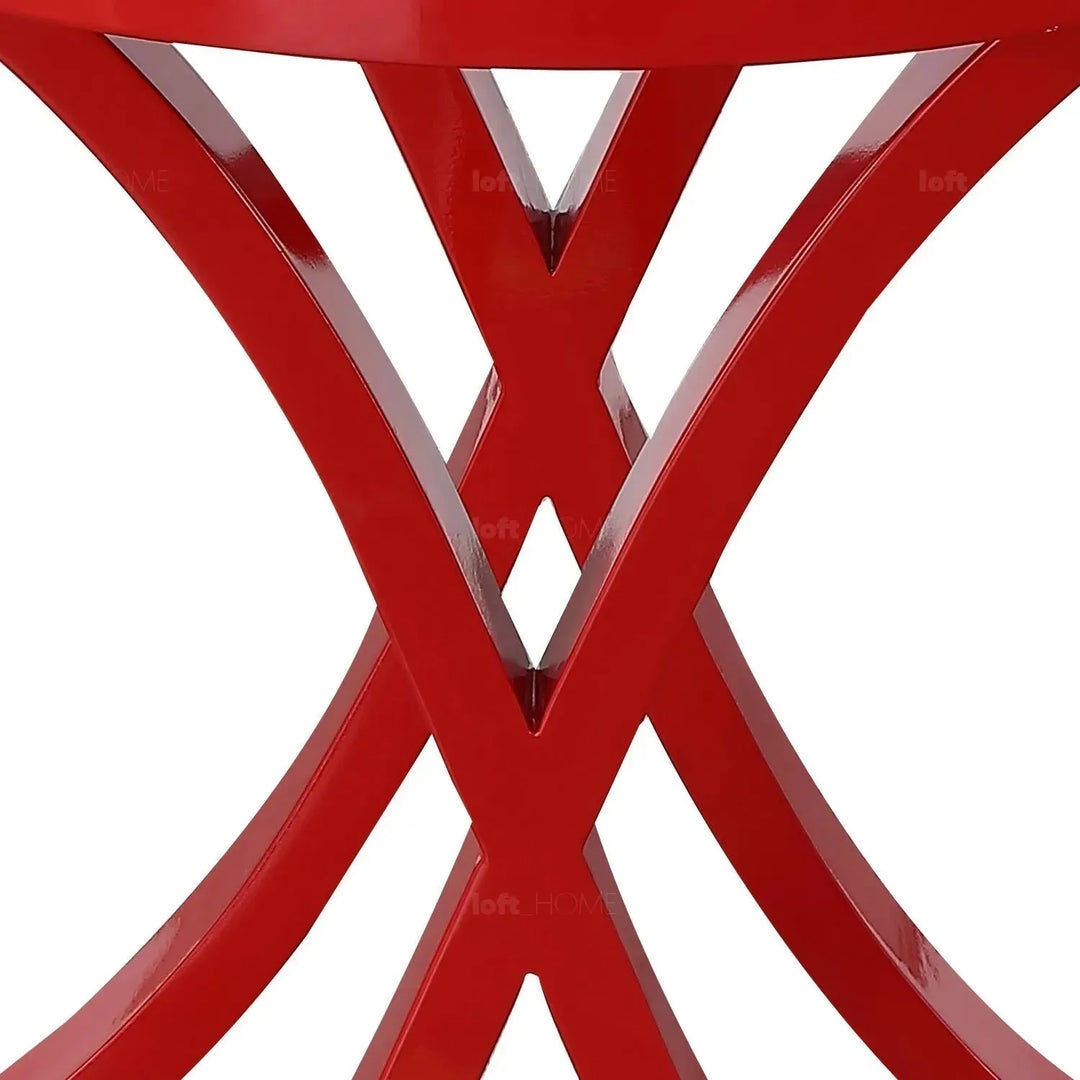 Eclectic wood side table redhood in panoramic view.