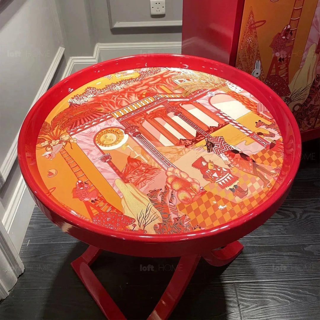 Eclectic wood side table redhood in real life style.