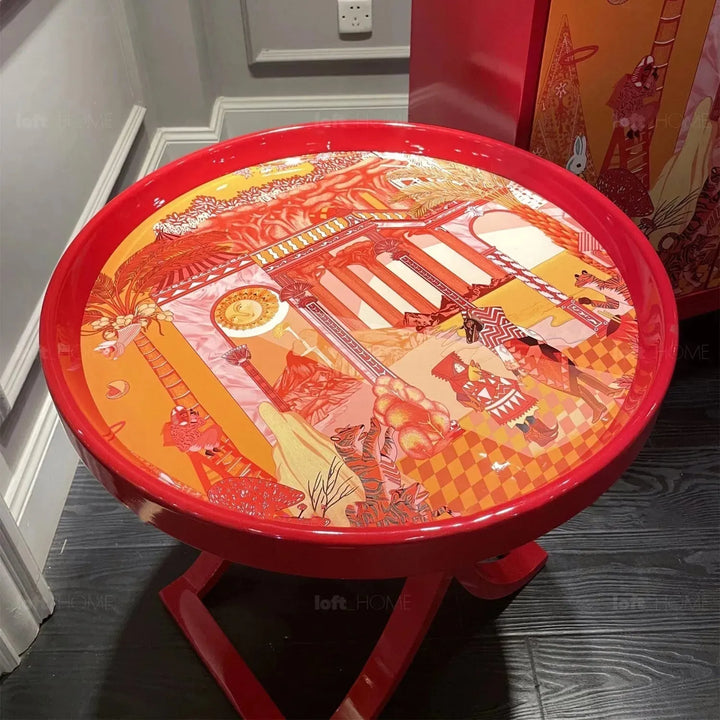 Eclectic wood side table redhood in real life style.