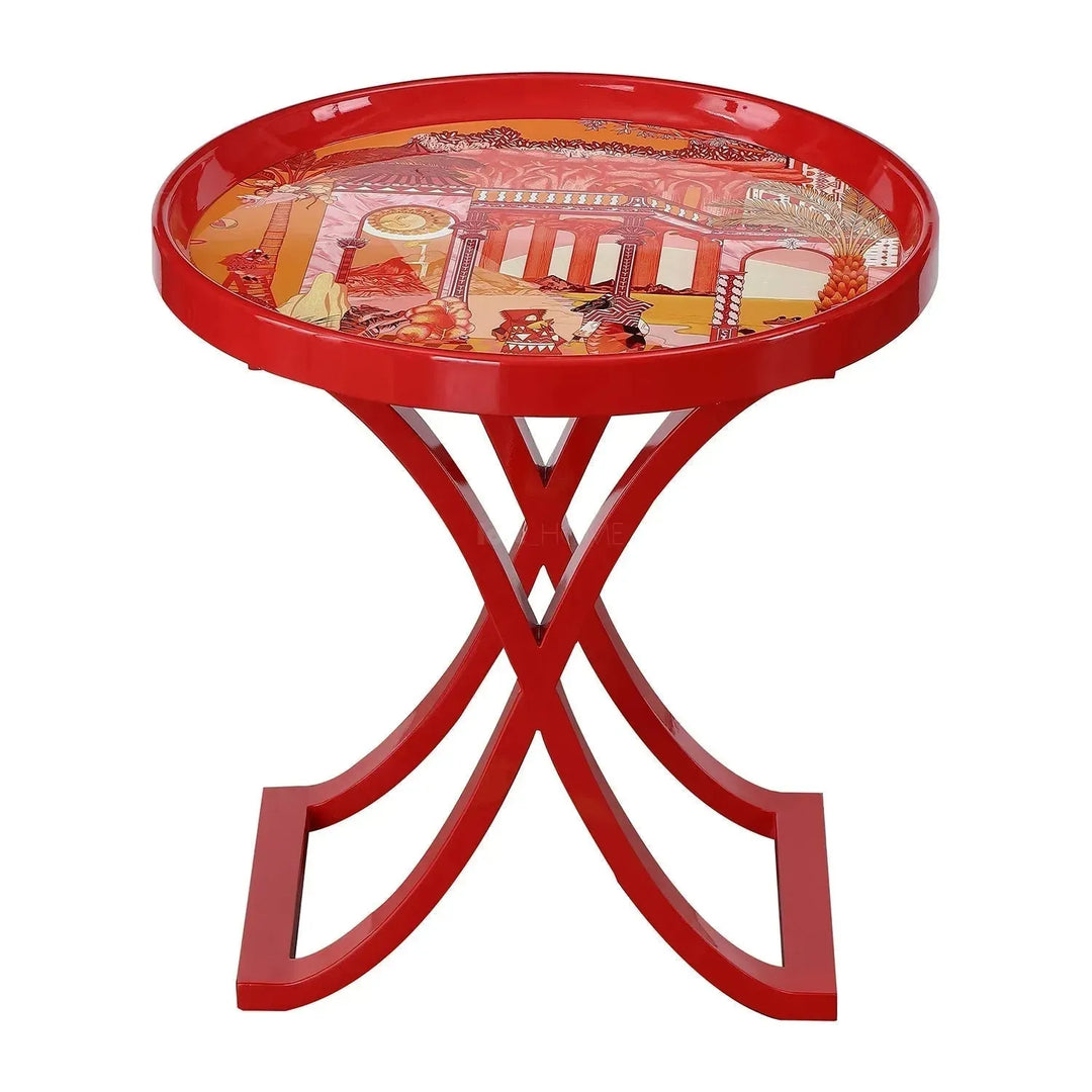 Eclectic wood side table redhood with context.