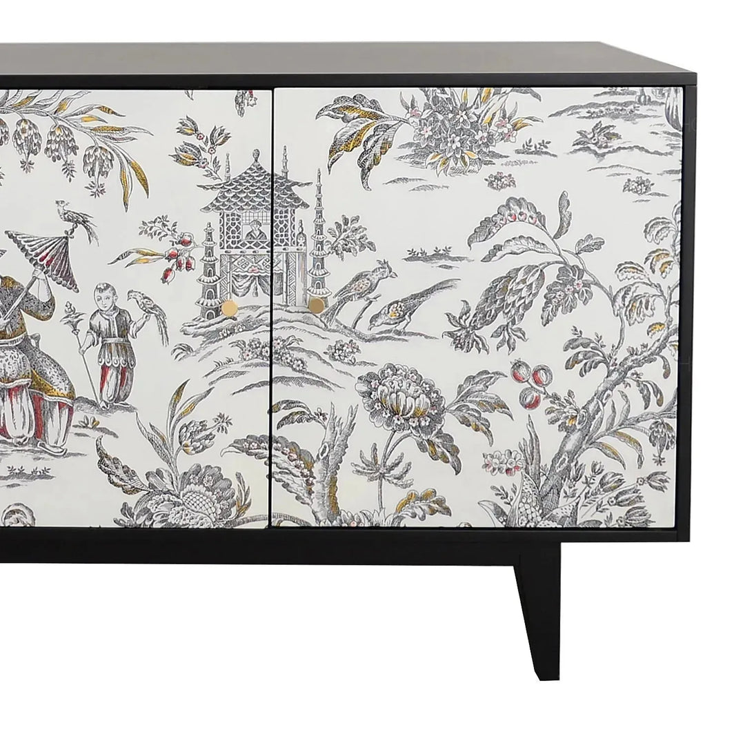 Eclectic wood storage cabinet lotus in details.