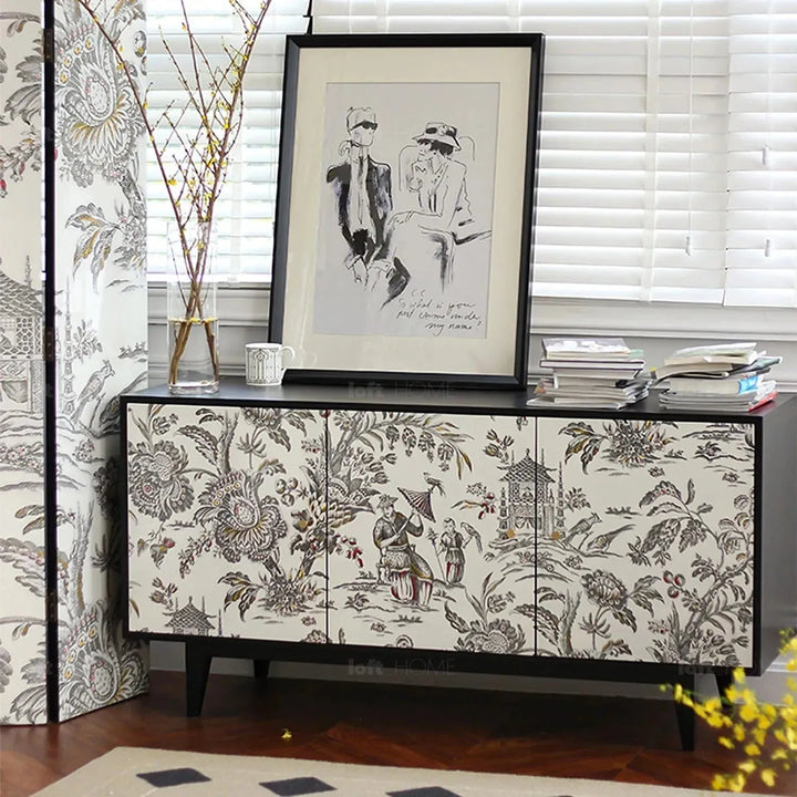 Eclectic wood storage cabinet lotus material variants.