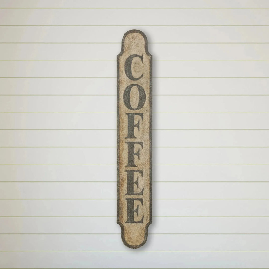 Heavily distressed metal "coffee" wall decor material variants.