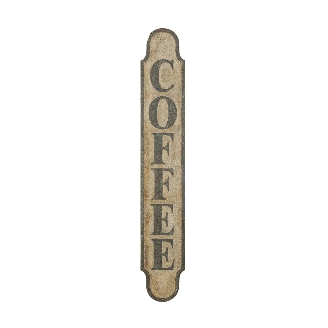 Heavily distressed metal "coffee" wall decor in white background.