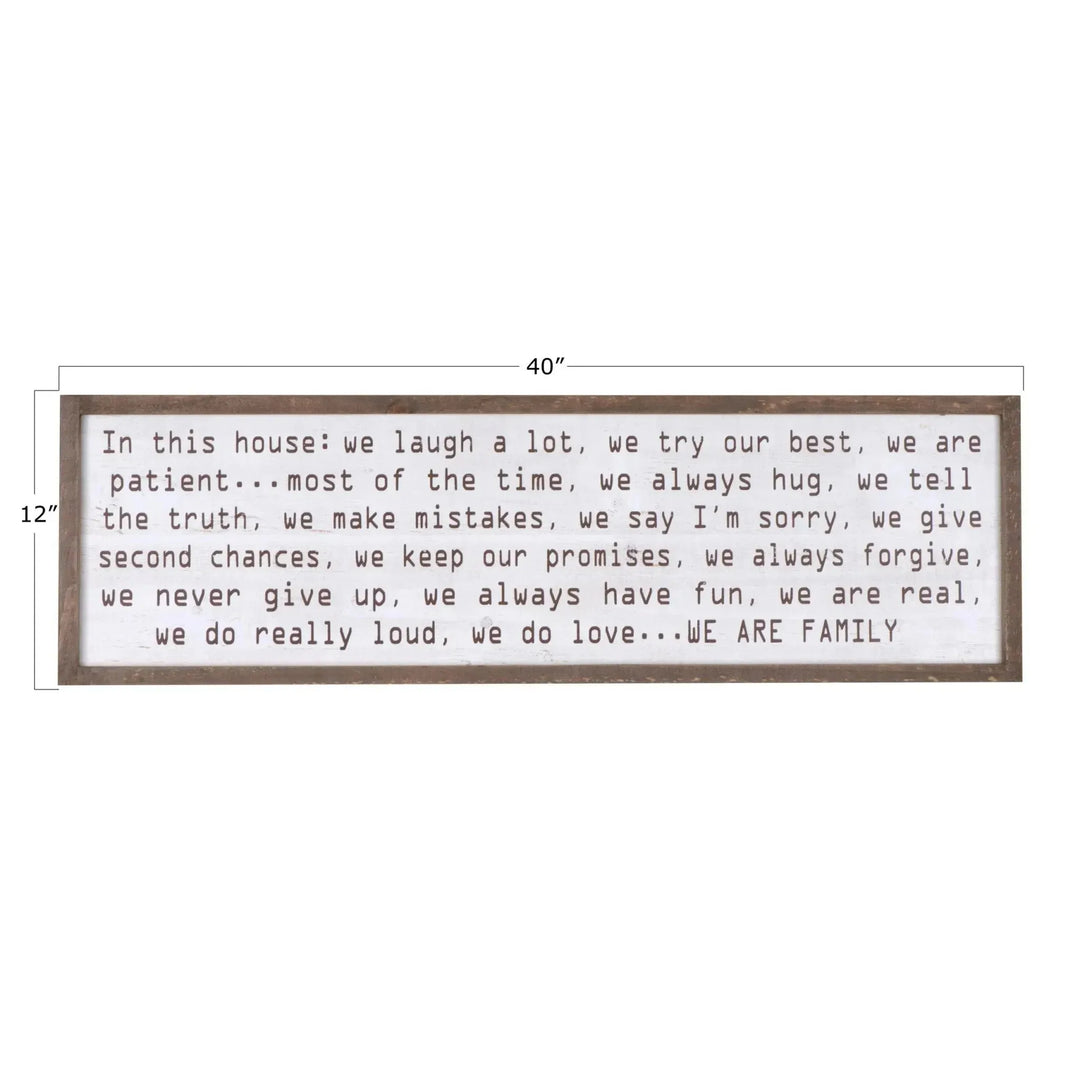 "in this house..." wood framed wall decor size charts.