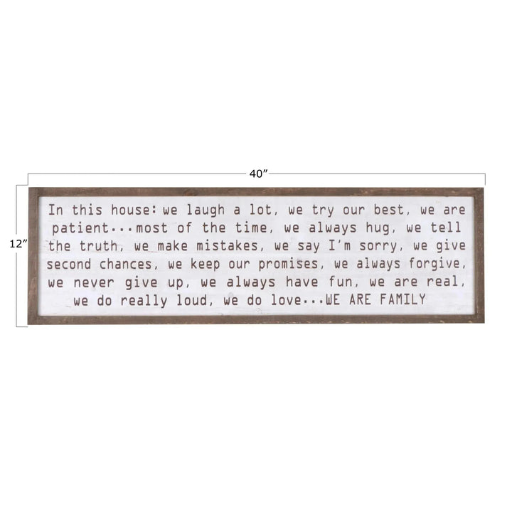 "in this house..." wood framed wall decor size charts.