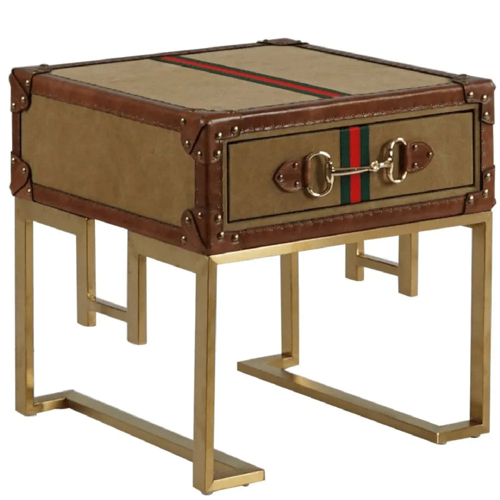 Vintage canvas side table guccio in white background.