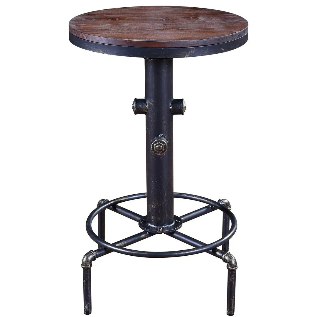 Industrial elm wood bar table hydrant with context.