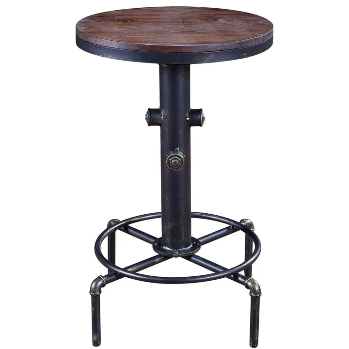 Industrial elm wood bar table hydrant with context.