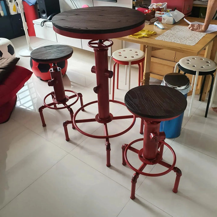 Industrial elm wood bar table hydrant in real life style.