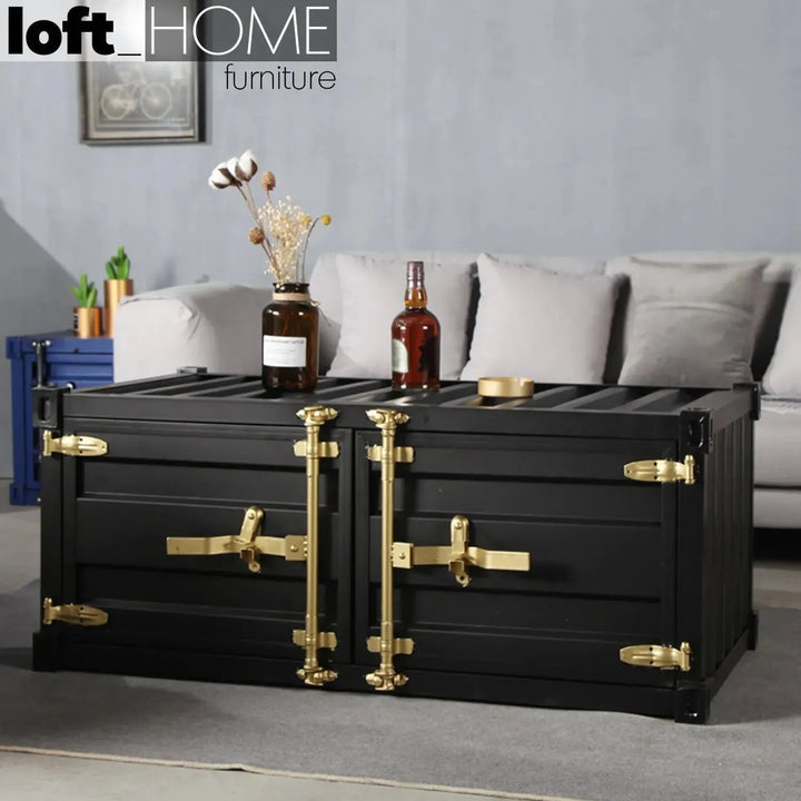 Industrial metal coffee table container in real life style.
