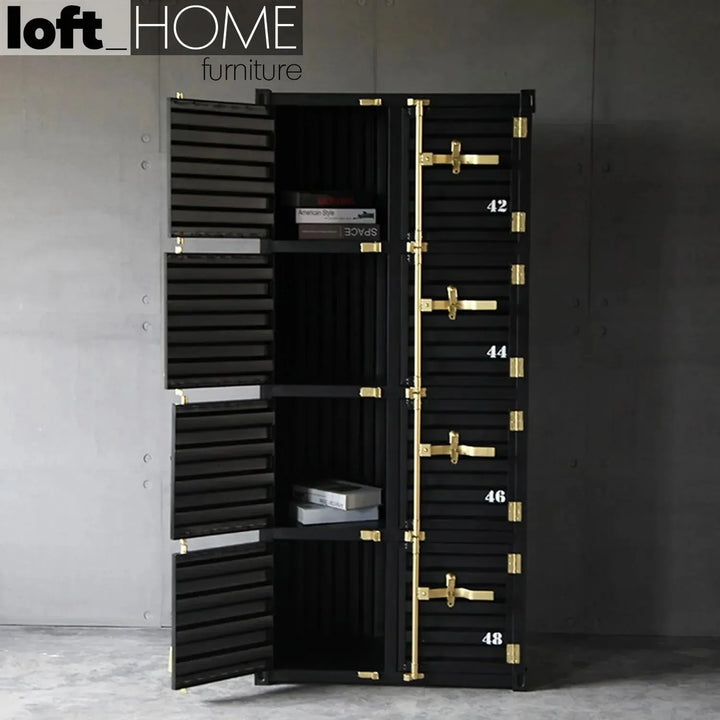 Industrial metal storage cabinet container 8 doors in close up details.