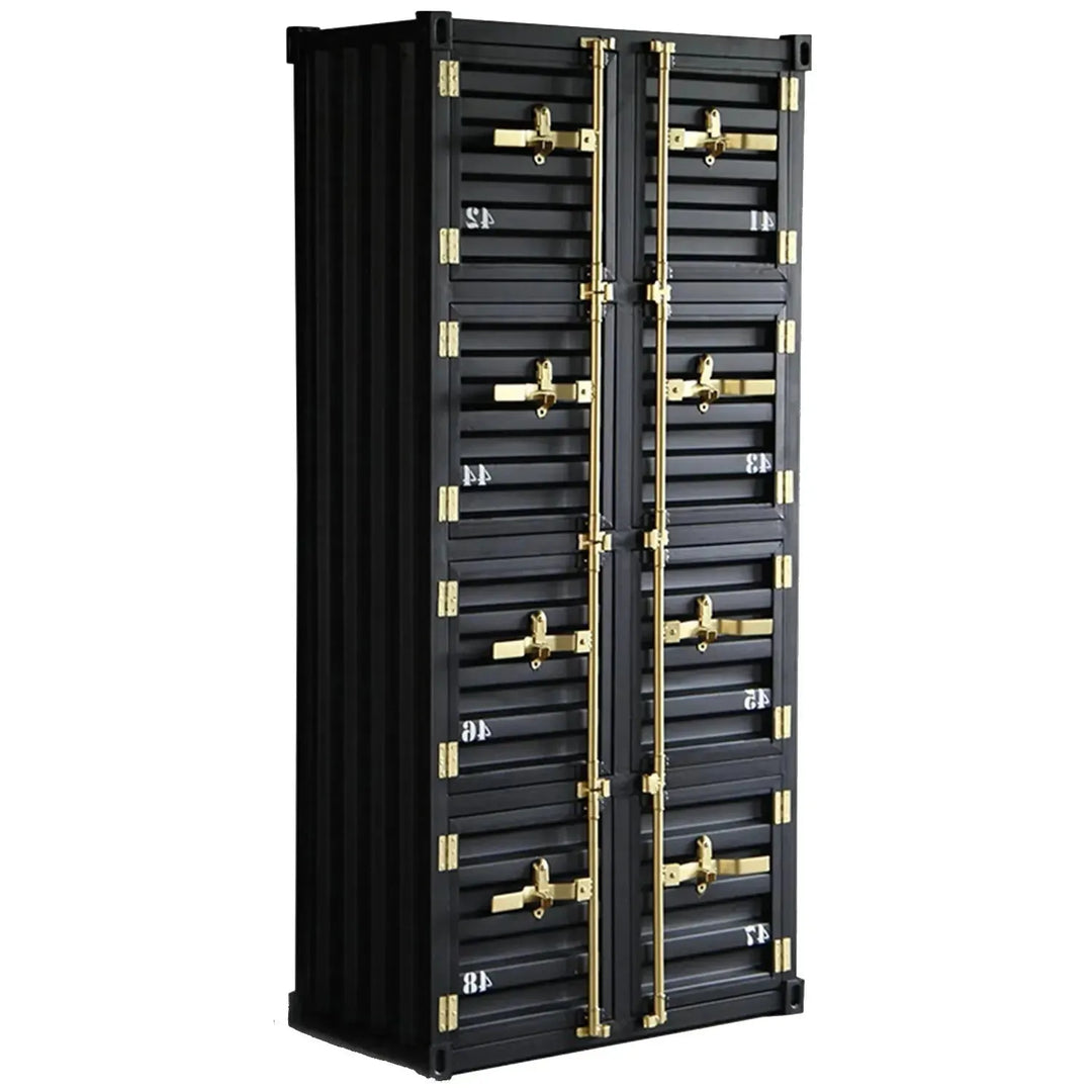 Industrial metal storage cabinet container 8 doors in panoramic view.
