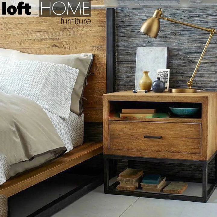 Industrial pine wood bed industrial with context.