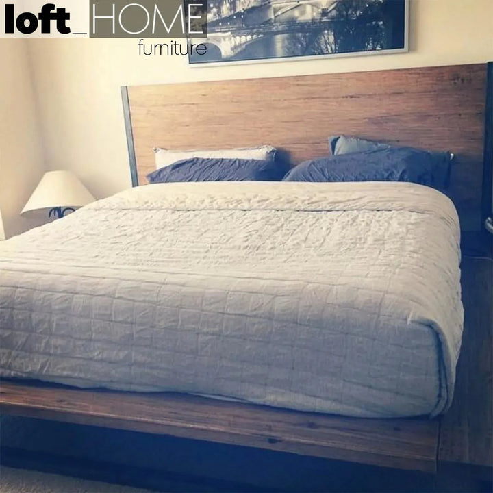 Industrial pine wood bed industrial in close up details.