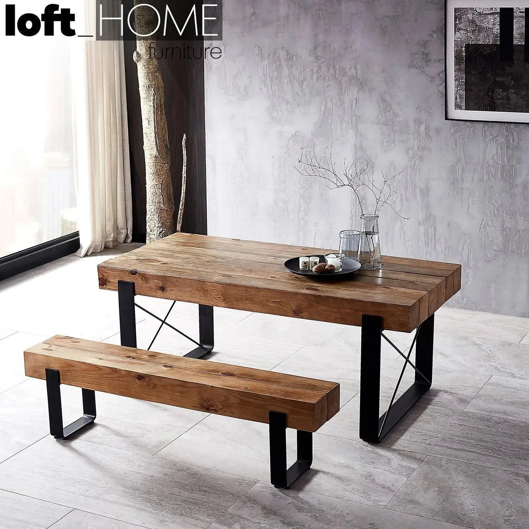 Rustic pine wood dining bench noer in details.