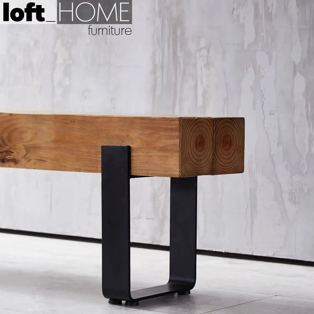 Rustic pine wood dining bench noer in panoramic view.