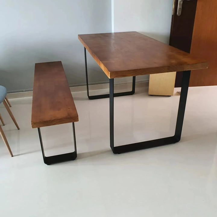 Industrial pine wood dining bench u shape in still life.