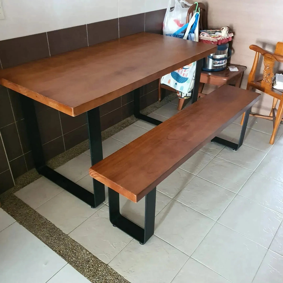 Industrial pine wood dining bench u shape in close up details.