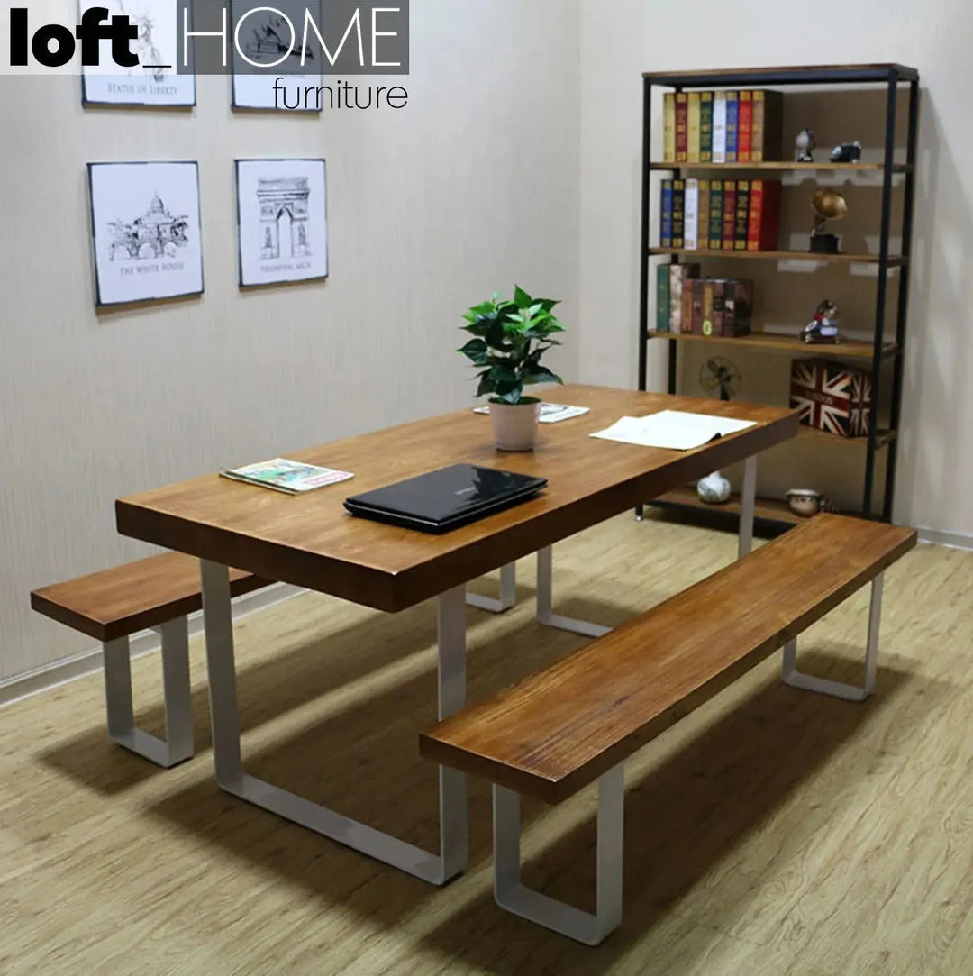 Industrial pine wood dining bench u shape in details.