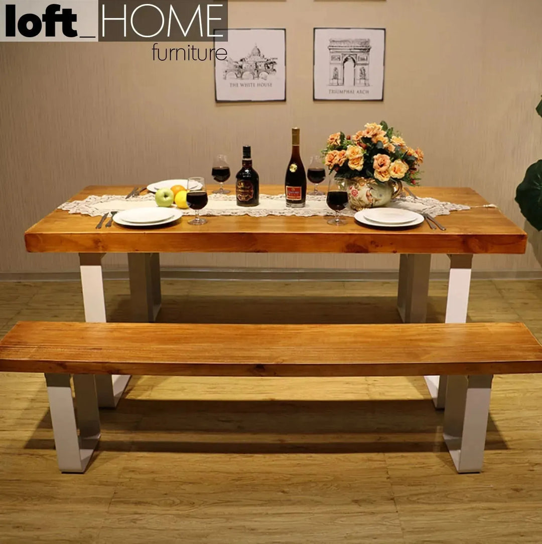 Industrial pine wood dining bench u shape with context.