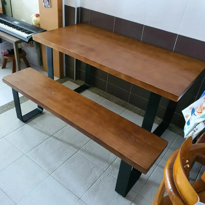 Industrial pine wood dining bench u shape in panoramic view.