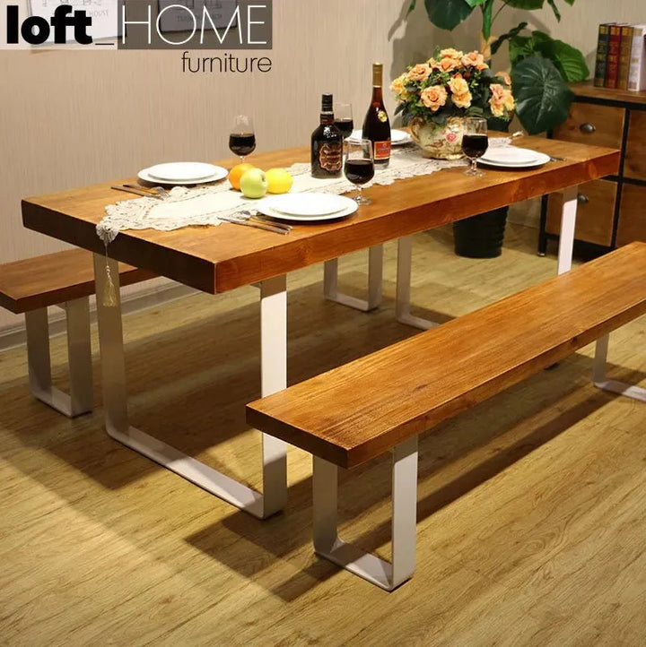 Industrial pine wood dining bench u shape in real life style.
