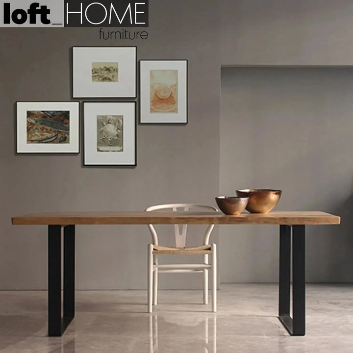 Industrial pine wood dining table u shape in real life style.