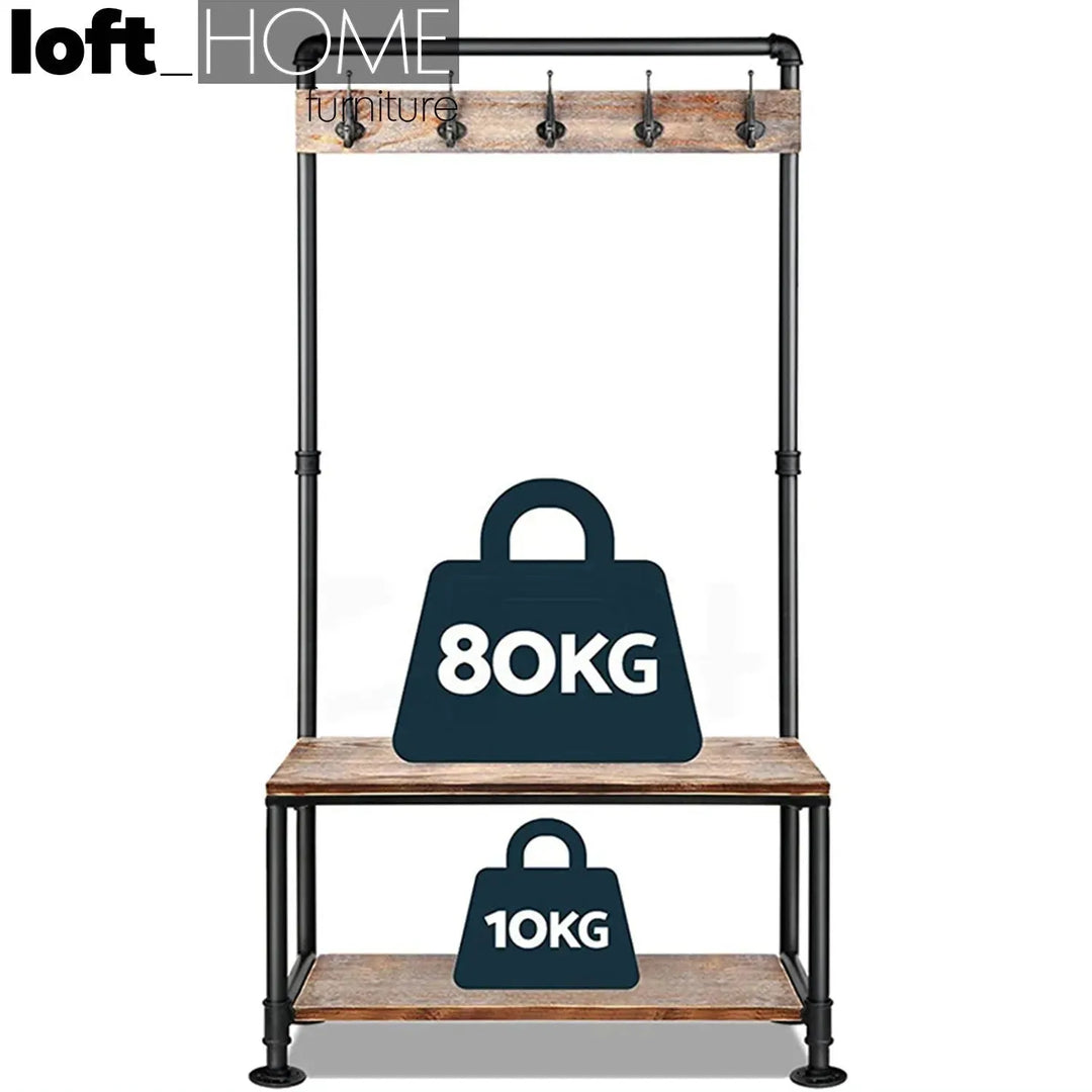 Industrial wood clothes hanger faucet with context.