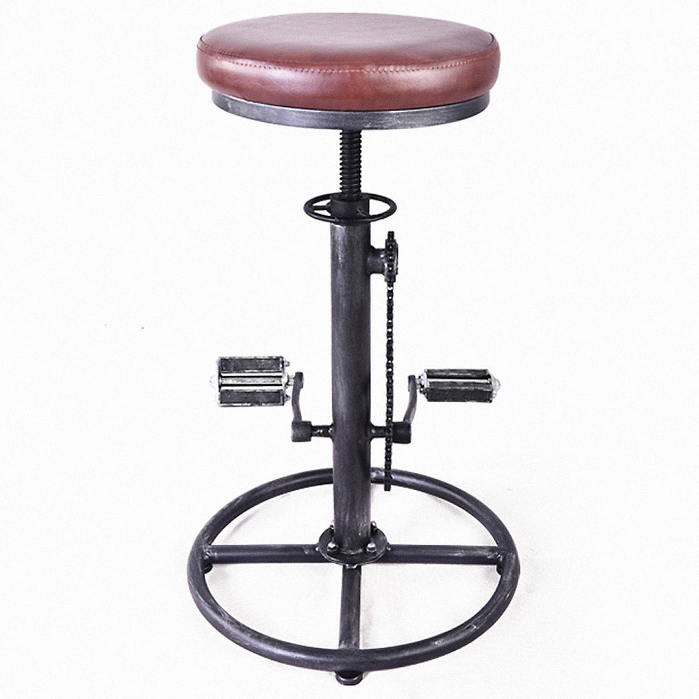 Industrial leather height adjustable bar stool bicycle in white background.