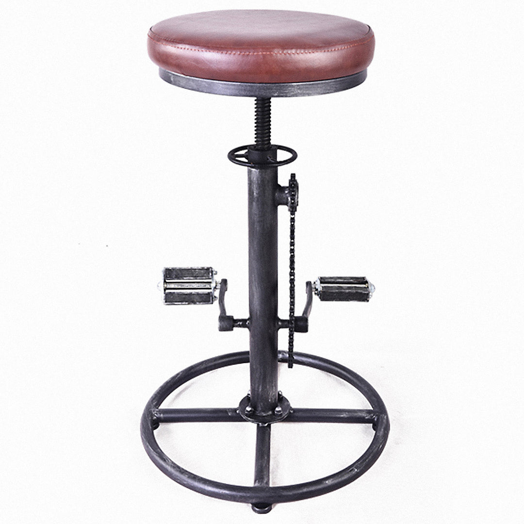 Industrial leather height adjustable bar stool bicycle in white background.
