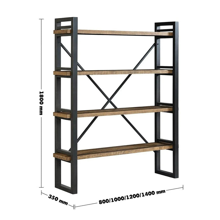 Industrial wood display shelf urban size charts.