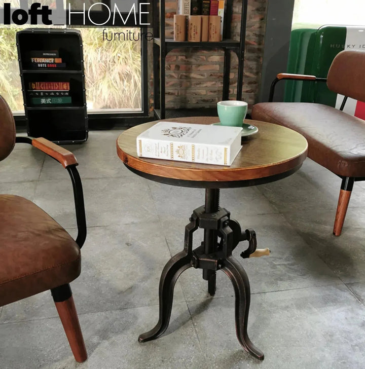 Industrial wood side table height adjustable material variants.