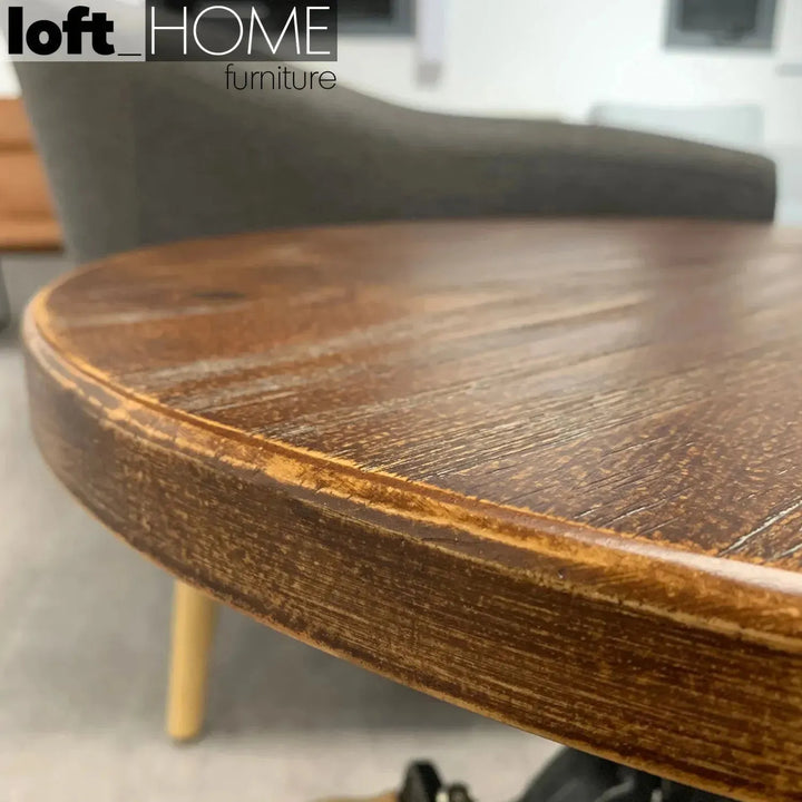 Industrial wood side table height adjustable in close up details.