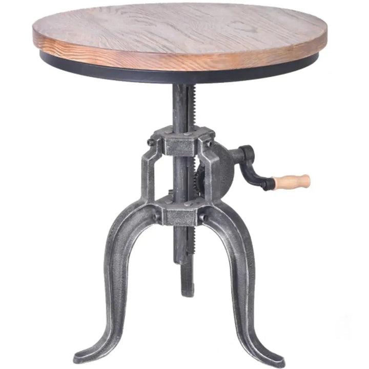 Industrial wood side table height adjustable in white background.