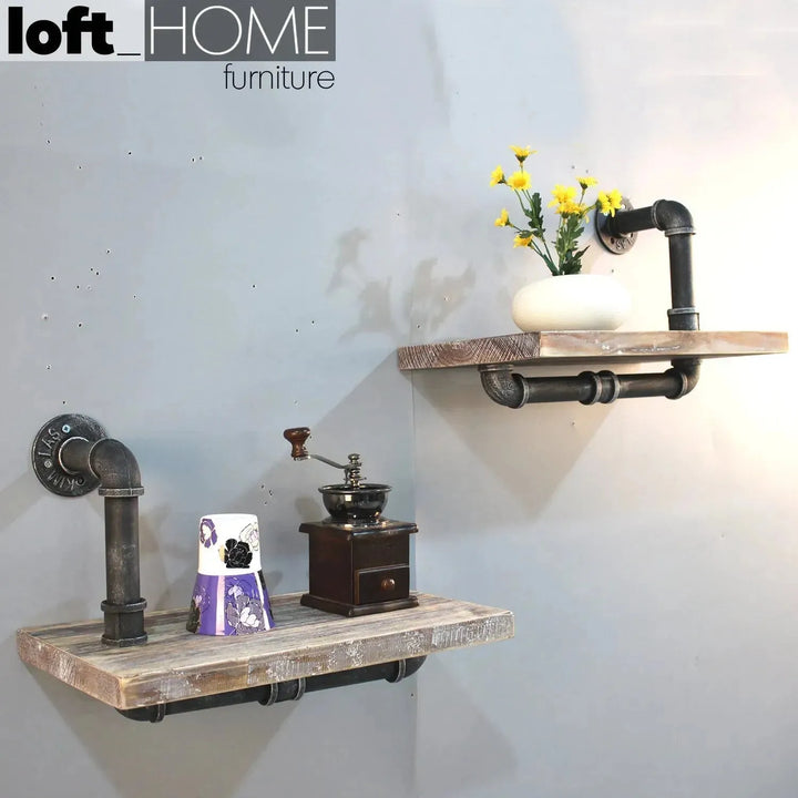 Industrial wood wall shelf 2pcs set pipe material variants.