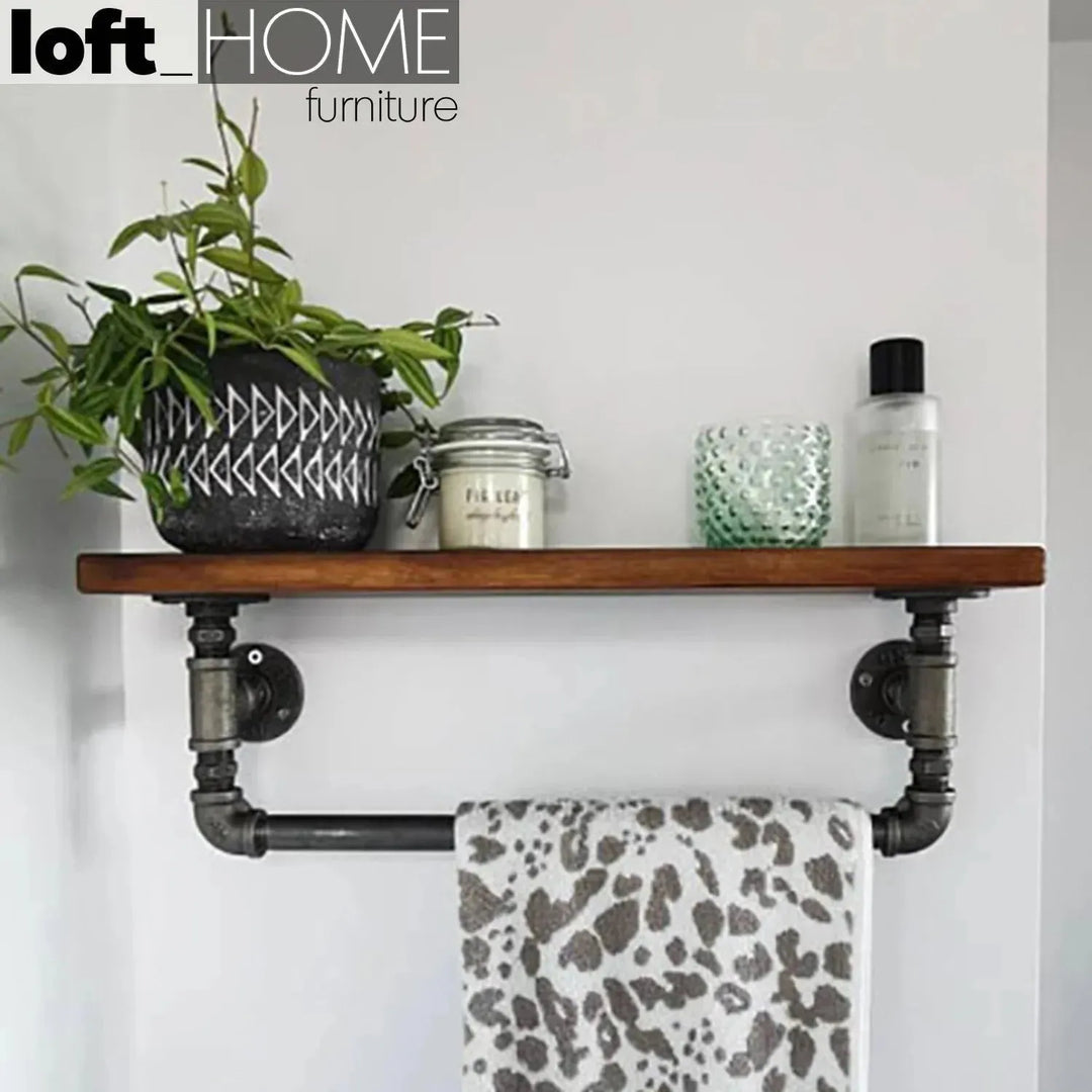 Industrial wood wall shelf pipe s with context.