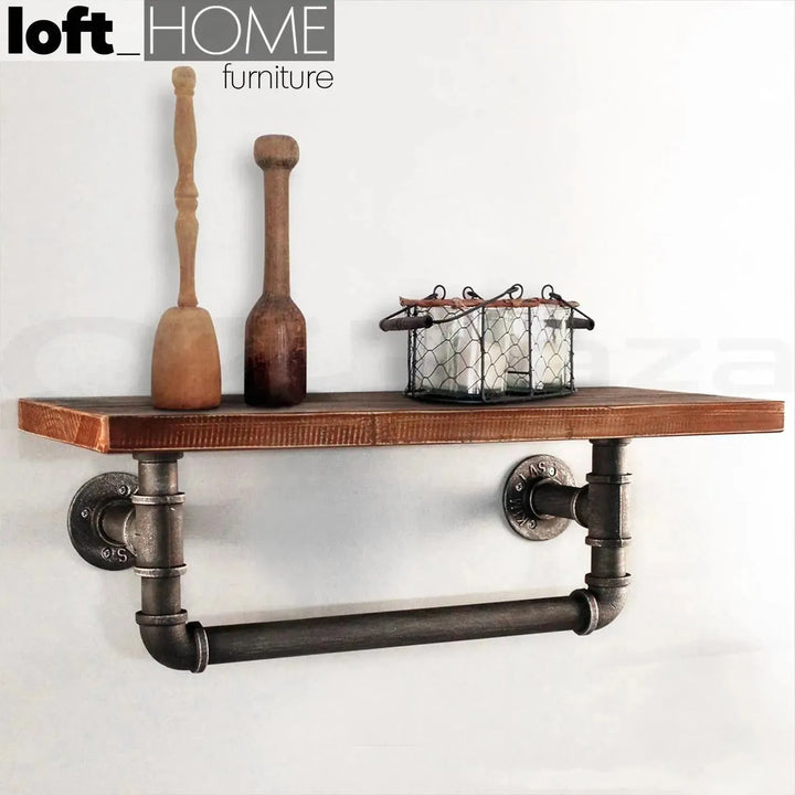 Industrial wood wall shelf pipe s in close up details.