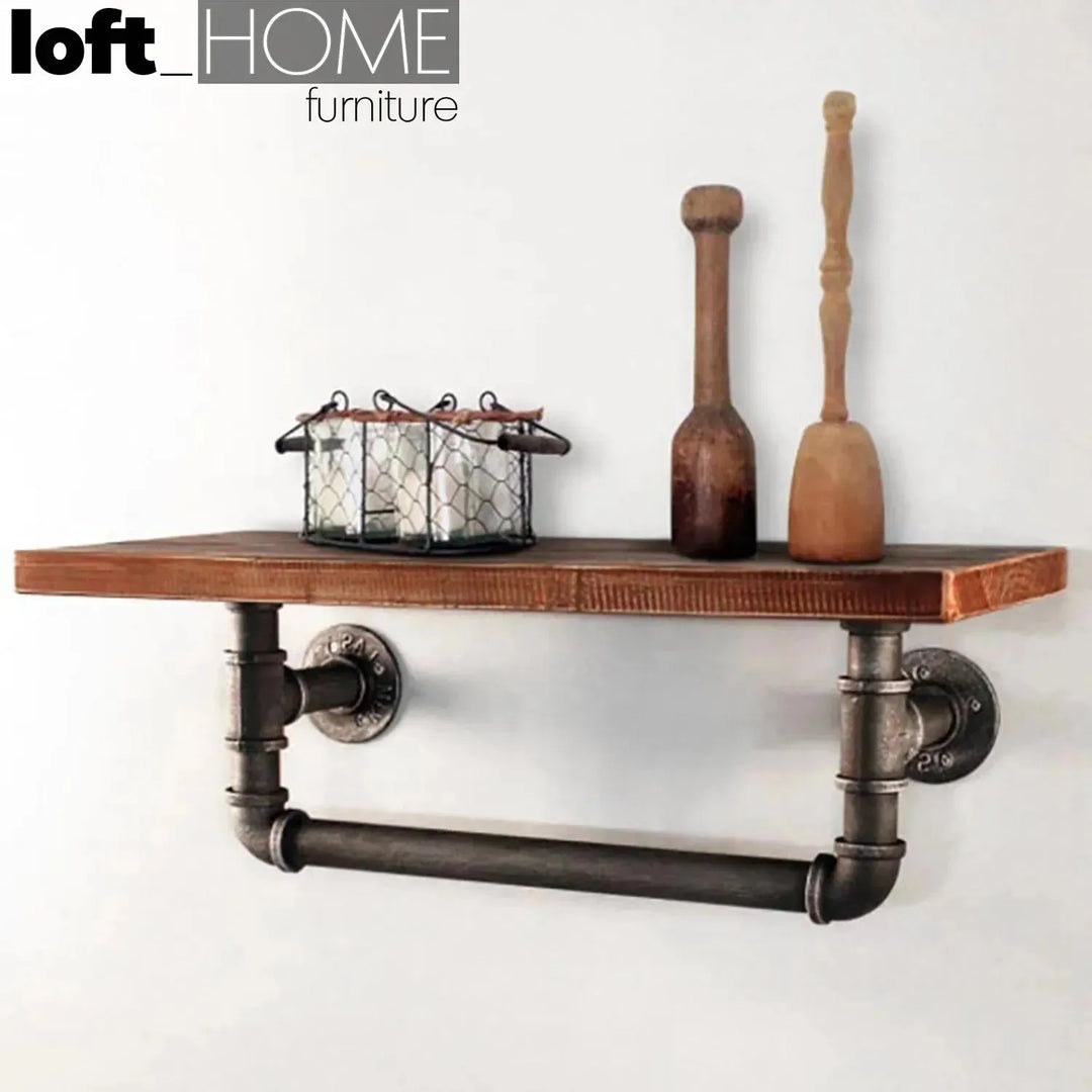 Industrial wood wall shelf pipe s in panoramic view.
